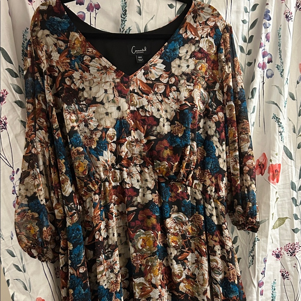 Connected Apparel Brown, Cream and Turquoise Floral Dress